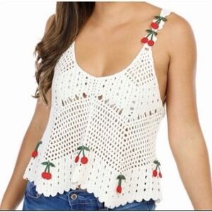 Rebellion Ivory Crochet Crop Tank Top Cherry Appliques Boho‎ Coquette Festival S
